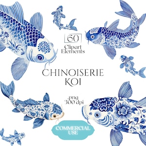 Pode incluir: Ilustração em aquarela de peixes koi Chinoiserie azuis e brancos. A imagem inclui vários peixes koi com intrincados padrões florais, juntamente com o texto "Chinoiserie Koi" e "Commercial Use."