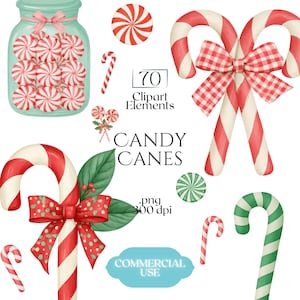 May include: A digital collection of 70 clipart elements featuring red and white striped candy canes, peppermint swirls, and a glass jar filled with candies. Includes text reading 70 Clipart Elements, CANDY CANES, .png 300 dpi, and COMMERCIAL USE.