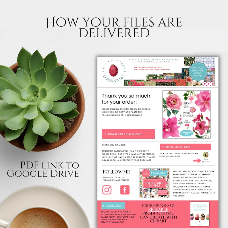 Puede incluir: Una hoja de instrucciones de entrega digital con el texto HOW YOUR FILES ARE DELIVERED, PDF LINK TO GOOGLE DRIVE y Thank you so much for your order. El documento incluye botones rosas, gr&aacute;ficos florales, iconos sociales y texto.