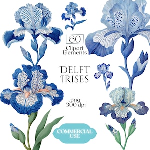 May include: Digital clipart set featuring blue and white Delft Iris flowers. The image includes several detailed floral illustrations, with the text "60 Clipart Elements" and "Delft Irises". The image also includes the text ".png 300 dpi" and "Commercial Use".