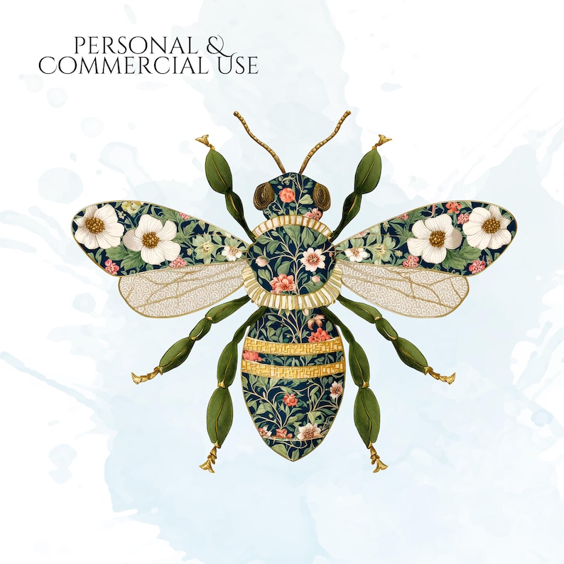 William Morris Bee Clipart, Arts & Crafts Bee PNG Graphics, Victorian Bee Illustrations (60 Files, Transparent Background)