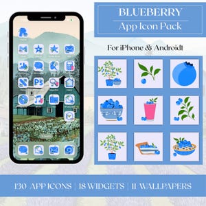 May include: A digital product showcasing a "Blueberry App Icon Pack" for iPhone and Android. The image displays a phone with custom app icons and a set of blueberry-themed icons, widgets, and wallpapers. The pack includes 130 app icons, 18 widgets, and 11 wallpapers.