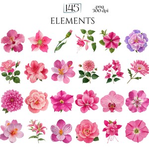 May include: A collection of watercolor floral elements in shades of pink and purple. The image includes various flower types, such as hibiscus, roses, and orchids, with green leaves and stems. Text at the top reads "ELEMENTS".