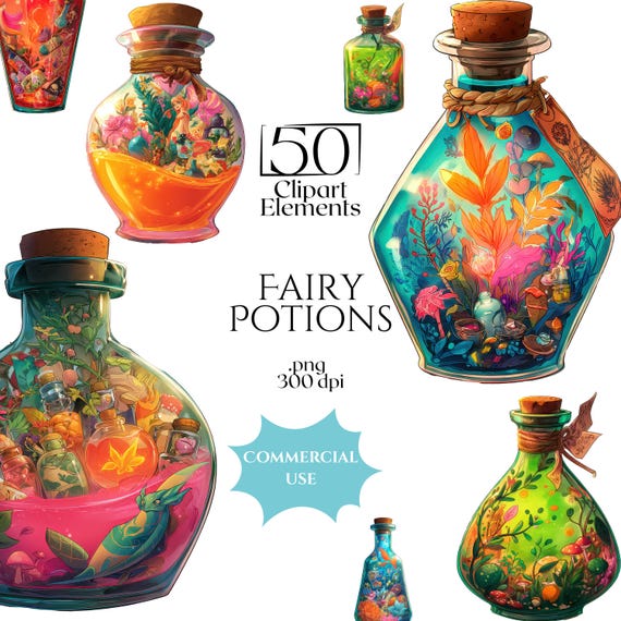 Fairy Potions Clipart Bundle, Fantasy Potion Bottle PNGs, Whimsical Potion Graphics, Magic Fairy Clip Art Set, Commercial Use Included