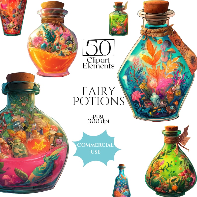 Collection of colorful fairy potion bottle clipart with floral and fantasy elements, shown on white background.