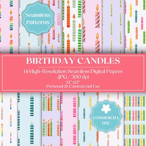 Papeles digitales de velas de cumpleaños, patrones de velas sin costuras, JPG coloridos para álbumes de recortes, manualidades para fiestas, envoltorios de regalos y creación de tarjetas.