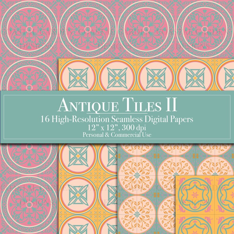 Antique Tiles Digital Paper Bundle, Seamless Patterns, Scrapbook Paper ...