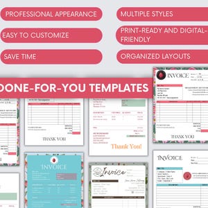 May include: A collection of invoice templates with floral accents and various layouts. The templates feature the word "Invoice" and include fields for company details, dates, and itemized lists. Text on the image includes "Professional Appearance" and "Done-For-You Templates."