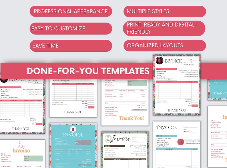 May include: A collection of invoice templates with floral accents and various layouts. The templates feature the word "Invoice" and include fields for company details, dates, and itemized lists. Text on the image includes "Professional Appearance" and "Done-For-You Templates."