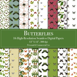 May include: A set of 16 digital papers featuring various butterfly designs. The papers are seamless and high-resolution, measuring 12 inches by 12 inches at 300 dpi. They are suitable for both personal and commercial use.