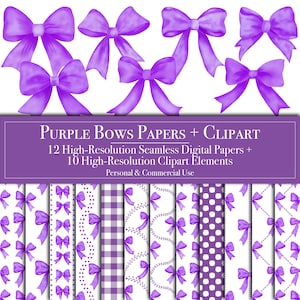 May include: A set of 12 digital papers and 10 clipart elements featuring purple bows on a white background. The papers include various patterns, such as polka dots, gingham, and floral designs. The clipart elements are individual purple bows in different sizes and angles.