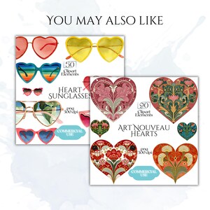 K&ouml;nnte beinhalten: Ein digitaler Kunstdruck mit herzf&ouml;rmigen Sonnenbrillen in verschiedenen Farben, darunter Rot, Gelb und Regenbogen, sowie Art Nouveau Herzdesigns. Der Text lautet "Heart Sunglasses" und "Art Nouveau Hearts."