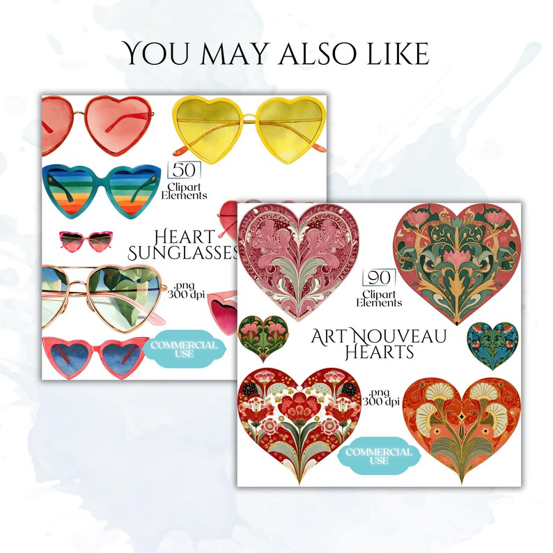 K&ouml;nnte beinhalten: Ein digitaler Kunstdruck mit herzf&ouml;rmigen Sonnenbrillen in verschiedenen Farben, darunter Rot, Gelb und Regenbogen, sowie Art Nouveau Herzdesigns. Der Text lautet "Heart Sunglasses" und "Art Nouveau Hearts."