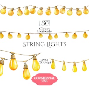 May include: Watercolor illustration of string lights with a warm yellow glow. The image features multiple strands of lights, with the text "STRING LIGHTS" and "50 Clipart Elements". A pink banner reads "COMMERCIAL USE".