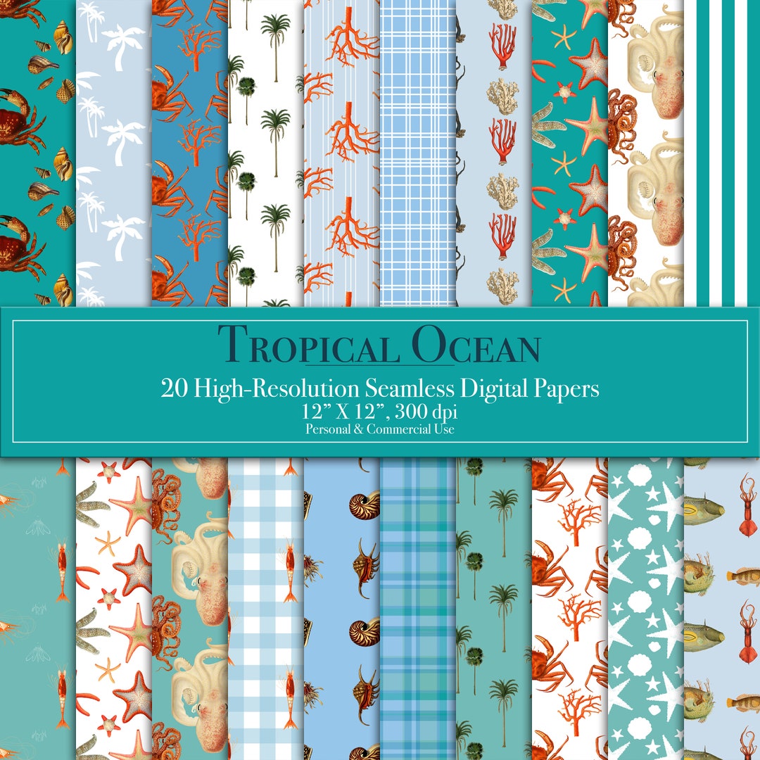 Tropical Ocean Digital Papers, Seamless Pattern, Scrapbook Paper, Commercial Use, Instant ...