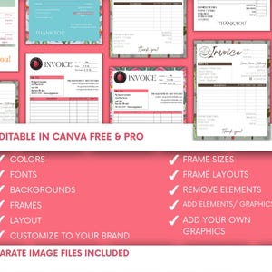 May include: A collection of invoice templates with floral and pink accents. The templates are fully editable in Canva Free & Pro, with options for colors, fonts, backgrounds, frames, and layouts. Text includes "Invoice" and "Thank You!"