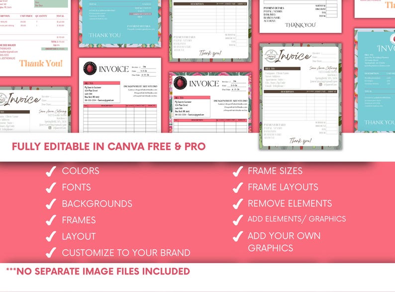 May include: A collection of invoice templates with floral and pink accents. The templates are fully editable in Canva Free & Pro, with options for colors, fonts, backgrounds, frames, and layouts. Text includes "Invoice" and "Thank You!"