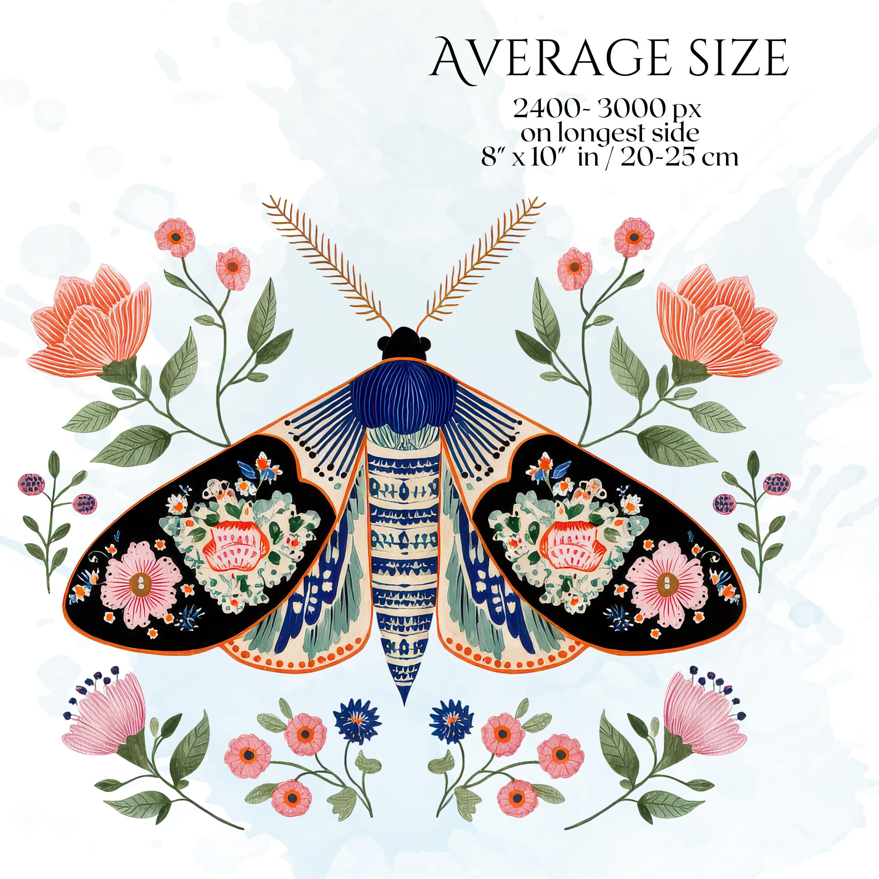 Folk Art Moths Clipart, Floral Moth PNG Illustrations, Decorative ...