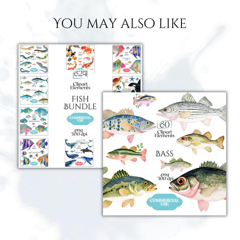 May include: Watercolor illustrations of various fish species, including bass and other marine life, are displayed in a bundle. The image includes text that reads "Fish Bundle" and "Bass". The illustrations are suitable for commercial use.