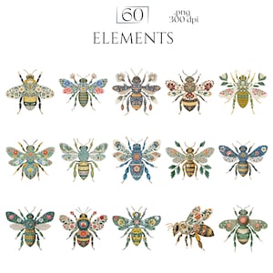 William Morris Bee Clipart, Arts & Crafts Bee PNG Graphics, Victorian Bee Illustrations (60 Files, Transparent Background)