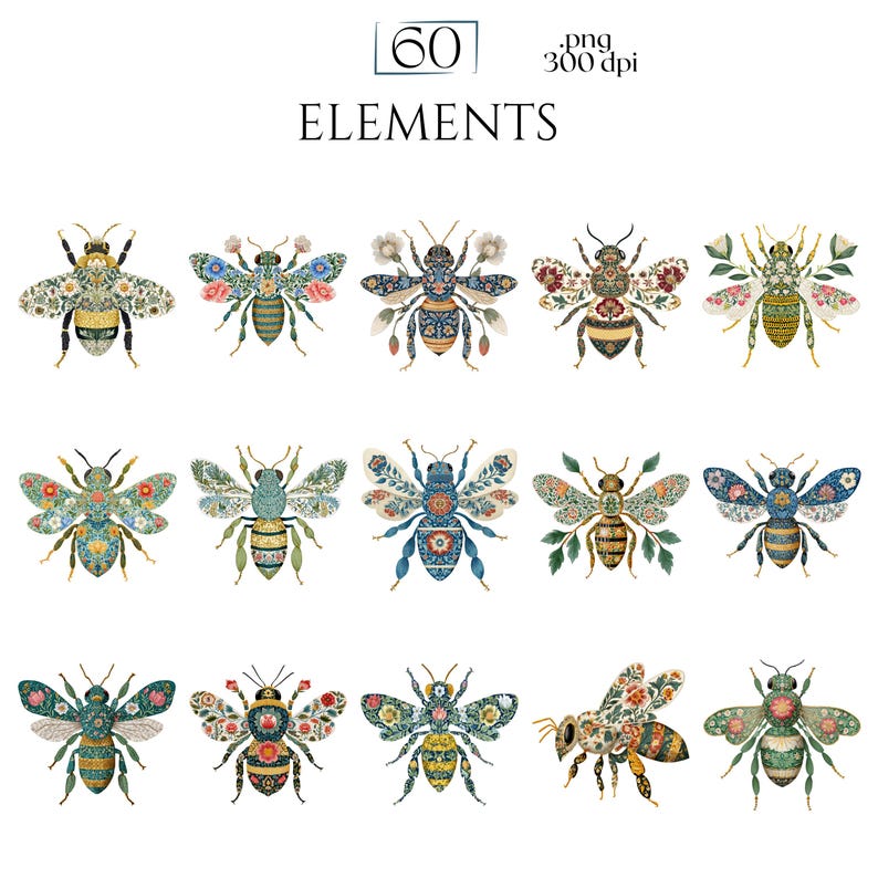 William Morris Bee Clipart, Arts & Crafts Bee PNG Graphics, Victorian Bee Illustrations (60 Files, Transparent Background)