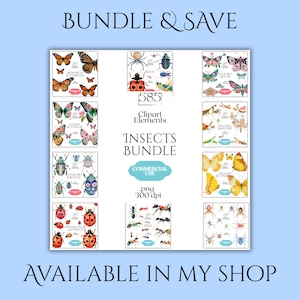 May include: A digital clipart bundle featuring 585 insect elements in PNG format at 300 dpi. The collection includes illustrations of monarch butterflies, bugs, folk art moths, floral butterflies, praying mantises, folk art beetles, yellow butterflies, watercolor ladybugs, ants, and spiders.