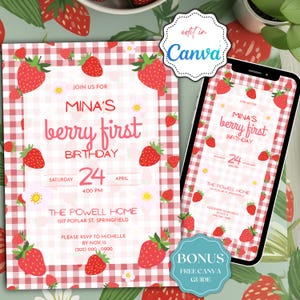 Op de afbeelding: Een verjaardagsuitnodiging met een aardbeienthema. De uitnodiging heeft een ruitpatroon, aardbeien en de tekst "Mina's berry first birthday". De datum en tijd zijn ook opgenomen. Een telefoon toont hetzelfde ontwerp.
