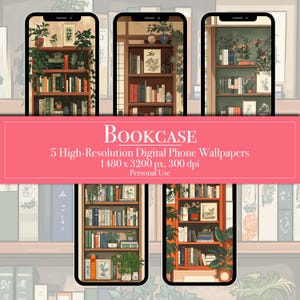 May include: Five digital phone wallpapers featuring a bookshelf filled with books and plants. The wallpapers are in a warm color palette with a vintage aesthetic.