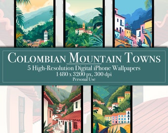 5 Colombian Town iPhone and Android Wallpapers, Pueblo Digital Download, Andean Village Lock Screen, Travel home screen, Latin American art