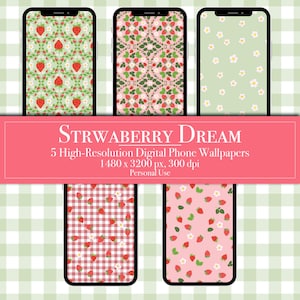 Strawberry Dreams iPhone Android Wallpapers, Fruit Patterns, Cute Strawberry Screen Savers, Unique Digital Download, Sweet Phone Backgrounds
