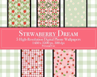 Fondos de pantalla para iPhone y Android de Strawberry Dreams, patrones de frutas, lindos protectores de pantalla de fresas, descarga digital única, lindos fondos de pantalla para teléfono