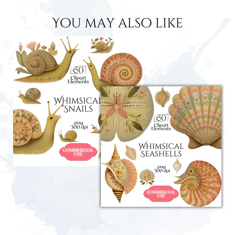 Pu&ograve; includere: Set di clipart digitali con lumache e conchiglie stravaganti. Le illustrazioni includono disegni dettagliati con elementi floreali e decorativi. Il testo include "Whimsical Snails" e "Whimsical Seashells", insieme a "Commercial Use".