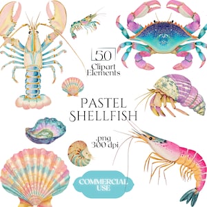 Może przedstawiać: Akwarelowe ilustracje skorupiaków w pastelowych kolorach, w tym homara, kraba, krewetki i różnych muszli. Obraz zawiera tekst "50 Clipart Elements", "Pastel Shellfish", ".png 300 dpi" i "Commercial Use".