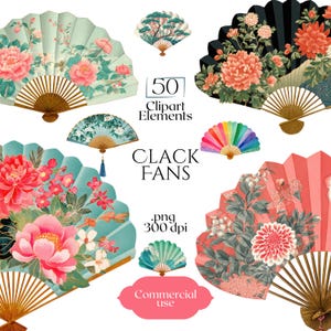 Puede incluir: Una colección de abanicos decorativos con diseños florales y botánicos en varios colores, incluyendo rosa, turquesa y coral. La imagen incluye el texto "50 Clipart Elements", "CLACK FANS", ".png 300 dpi" y "Commercial use".