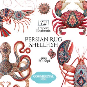 Persian Rug Shellfish Clipart, Watercolor Turkish Carpet Seafood Graphics, Whinsical Crustacean  Images  (72 Files, Transparent Background)
