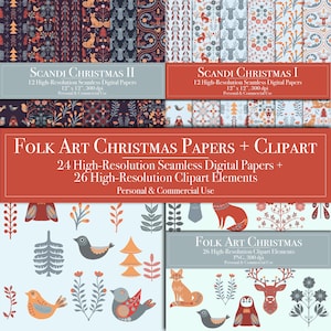 Folk Art Christmas Clipart & Digital Papers Mega Bundle, Seamless Patterns Scandi Clipart Scrapbook Paper Commercial, Junk Journal Printable