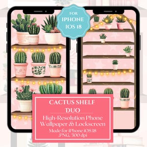 Sfondo Cactus Shelf per iPhone iOS 18 - Grandi icone amichevoli I Schermata di blocco e sfondo abbinati Duo I Regalo per gli amanti delle piante di cactus