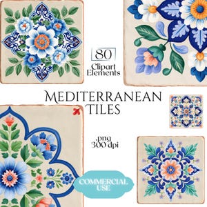 Könnte beinhalten: Eine digitale Sammlung von 80 mediterranen Fliesen-Clipart-Elementen im .png-Format mit 300 dpi. Die Grafiken zeigen quadratische Fliesen mit komplexen blauen, orangen und grünen Blumenmustern auf cremefarbenem Grund für die kommerzielle Nutzung.