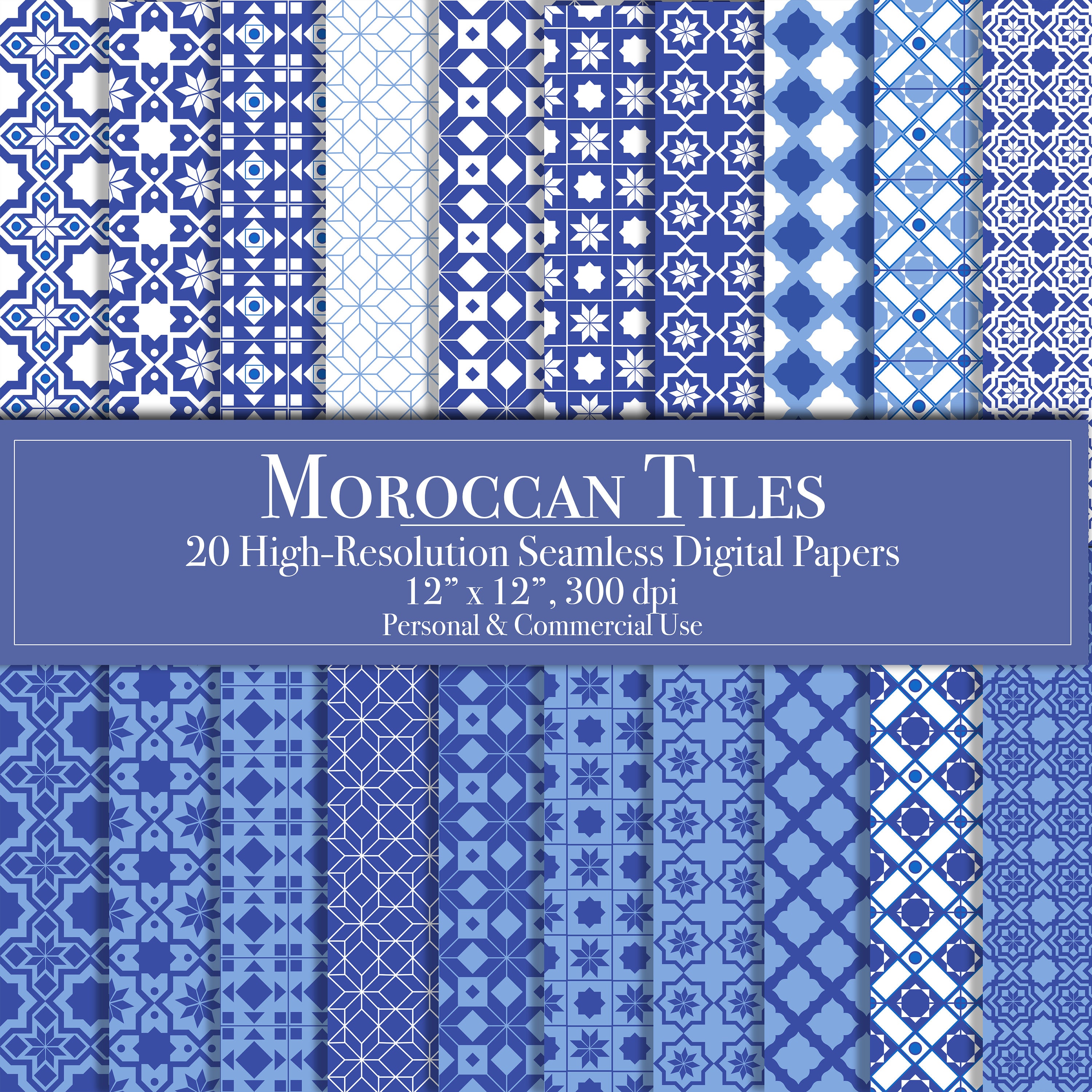 Moroccan Patterns Blue Digital Paper, Seamless Scrapbook Paper Commercial Use Digital Download Printable Junk Journal Background Invitations