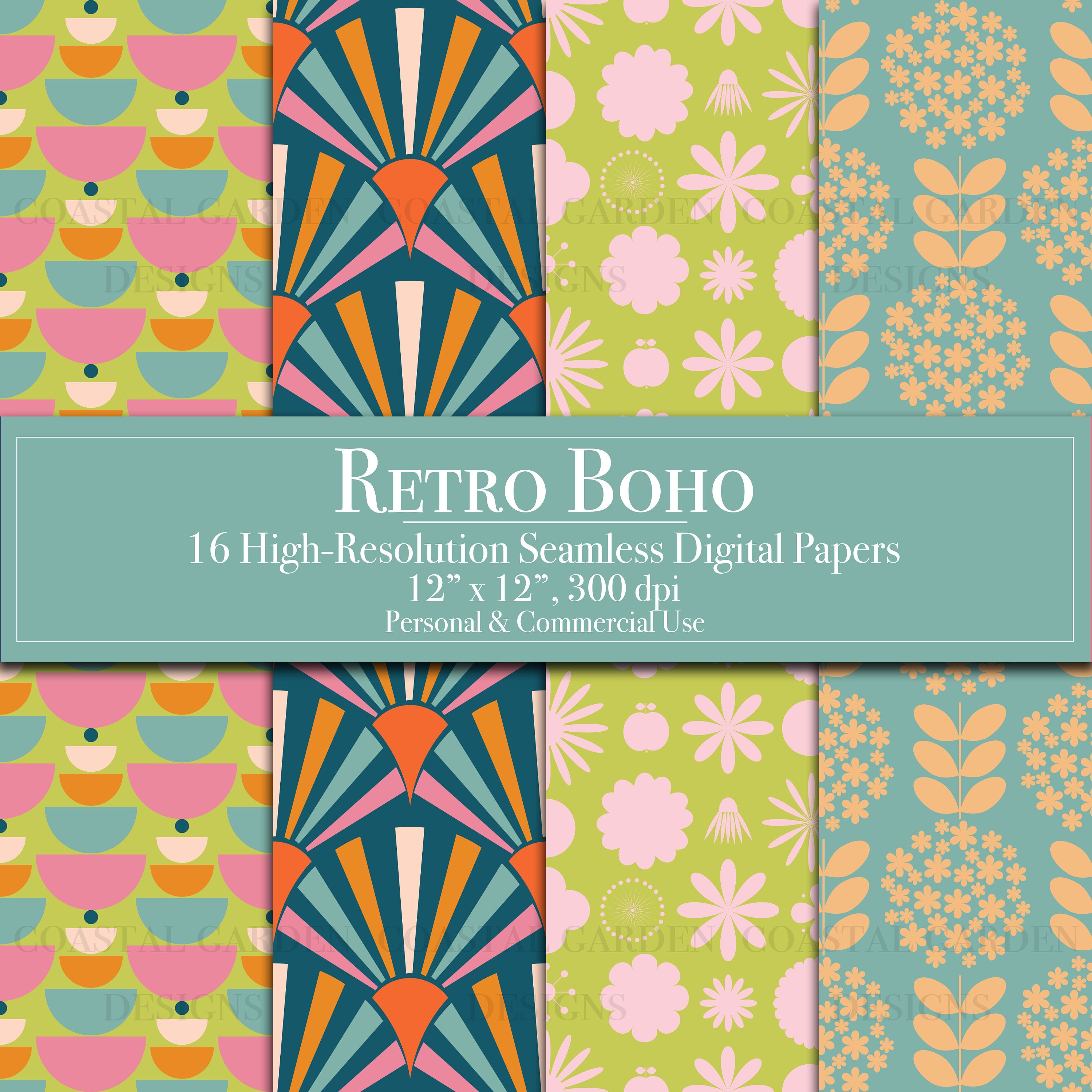 Retro Digital Papers, Boho Seamless Pattern Scrapbook Paper Commercial ...