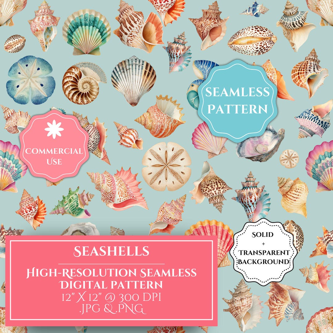 Orange Sea Shell Print Pattern Seashells Seamless Digital Pattern, Coastal Shell Repeat, Ocean Beach ...