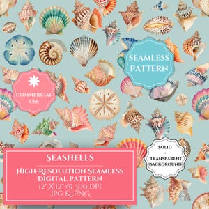 May include: A seamless digital pattern featuring a variety of seashells in shades of pink, orange, brown, and blue on a light blue background. The pattern includes text that reads "Seashells" and "12" X 12" @ 300 DPI". The design is for commercial use and has a transparent background.