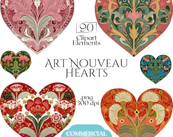 Imágenes prediseñadas de corazones Art Nouveau, ilustraciones botánicas vintage de corazones de San Valentín (90 archivos PNG, fondo transparente)