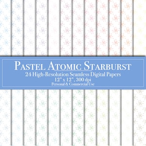 May include: A set of 24 digital papers featuring a repeating pattern of pastel coloured atomic starbursts on a white background. The papers are 30.5 cm by 30.5 cm and 300 dpi.