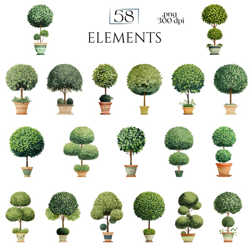 Topiary Clipart, Garden Tree Elements, Potted Greenery Clip Art, Formal Landscape Decorative Plant Illustrations Commercial Use Plant Images