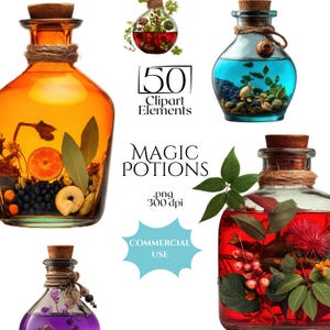 Könnte beinhalten: Eine Sammlung von Glas-Zaubertränkeflaschen mit Korken, gefüllt mit bunten Flüssigkeiten und botanischen Elementen. Das Bild enthält den Text "50 Clipart Elements", "Magic Potions" und "Commercial Use".
