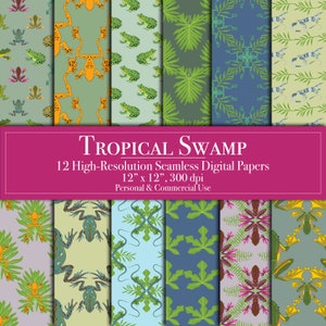 Papier numérique des marais tropicaux, Papier numérique sans couture pour scrapbooking, Agenda à usage commercial, Arrière-plans de journaux indésirables, Imprimable, Grenouilles, Lézards
