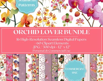 Orchid Lover Bundle, Orchid Clipart & Digital Paper Pack, Seamless Floral Backgrounds, Watercolor Orchid PNGs, Commercial Use Scrapbooking