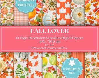 Könnte beinhalten: Eine Sammlung von 14 nahtlosen digitalen Papieren mit Herbstmotiven. Die Designs zeigen Kürbisse, Blätter und florale Elemente in Orange, Grün und Weiß. Die Papiere sind 30.48 cm x 30.48 cm groß und für den persönlichen und kommerziellen Gebrauch geeignet.
