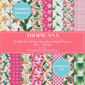 Tropicana Digital Papers, Tropical Seamless Patterns, Exotic Bird + Floral Scrapbook, Jungle Leaves & Flamingo Backgrounds, Commercial Use